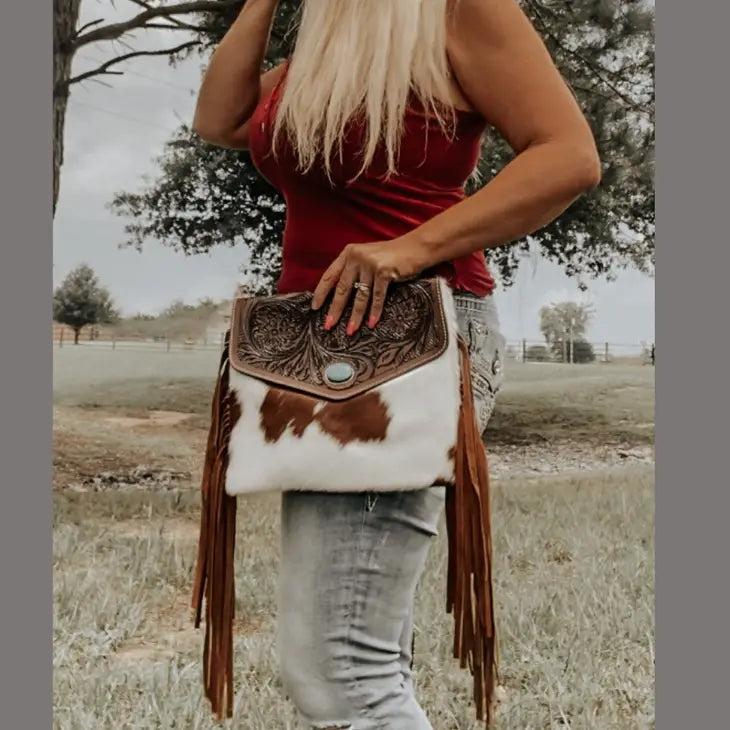 Cowhide Fringe Western Clutch Purse Crossbody